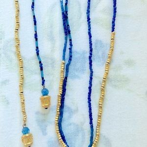 Blue and Gold Beaded Long Necklace - NWOT